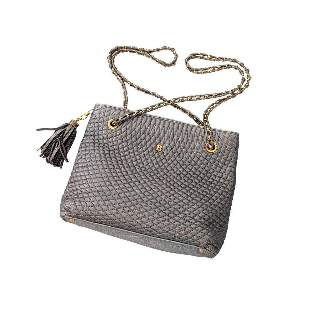 Bally Vintage Metallic Gray Quilted Leather Tassel Chain Shoulder Bag Italy